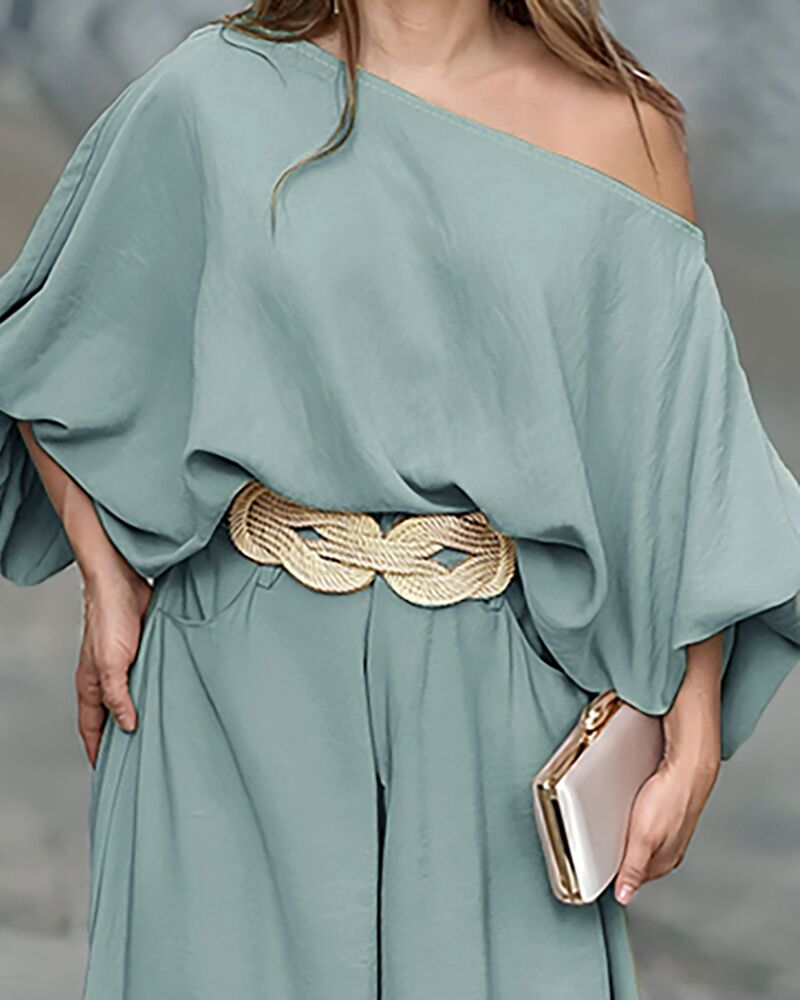 2 Pieces Outfit Turn-down Coll  Long Sleeve Button Front Satin  Shirt and Casual Vintage Floral  Print Elastic Back Waist Wide Leg  Pants Set without Belt