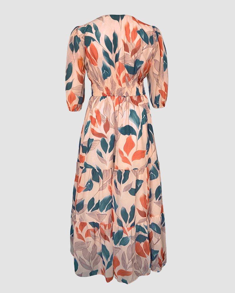 Plants Print V-Neck Half Sleeve Shirred Back Maxi Dress Casual Button Decor Ruched Ruffle Hem Vacation Dress