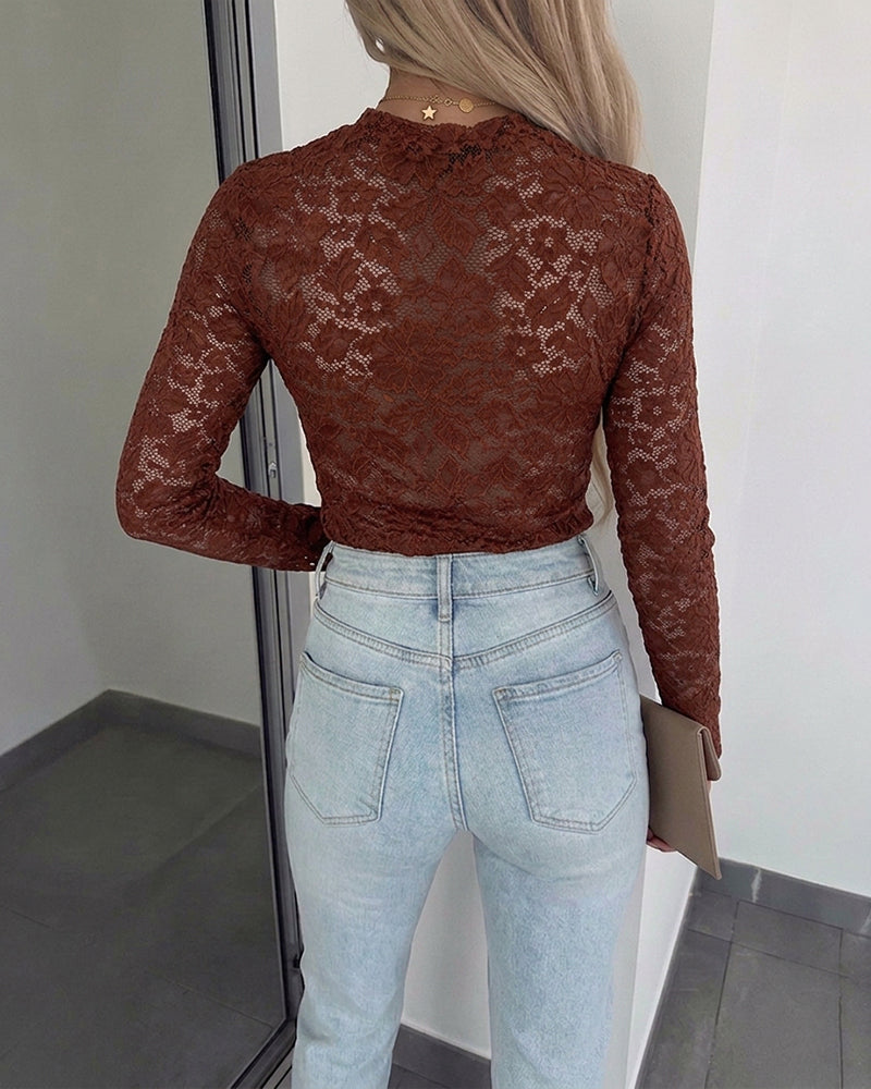 Women's Sexy Sheer Lace Top Long Sleeve O-Neck Slim Fit See-Through Elegant Blouse Base Layer Shirt