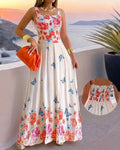 Women's Floral Butterfly Placement Print Cami Dress Shirred Back Sleeveless Vacation Sundress Casual Beach Maxi Dress