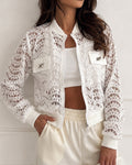 Women's Lace Hollow Out Bomber Jacket Sheer Wave Pattern Lace Zip Up Outerwear Ribbed Trim Coat