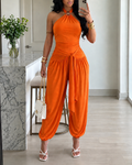 Women's Gold Decor Halter Tie Jumpsuit Sexy Backless Ruched Lantern Overalls Casual Vacation Jumpsuit