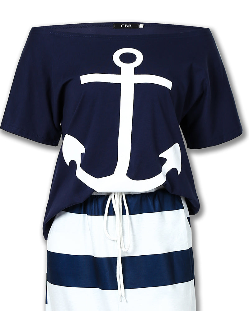 2 Pieces Outfit Anchor Print Skew Neck Top and Casual Striped Drawstring Elastic Waist Skirt Set