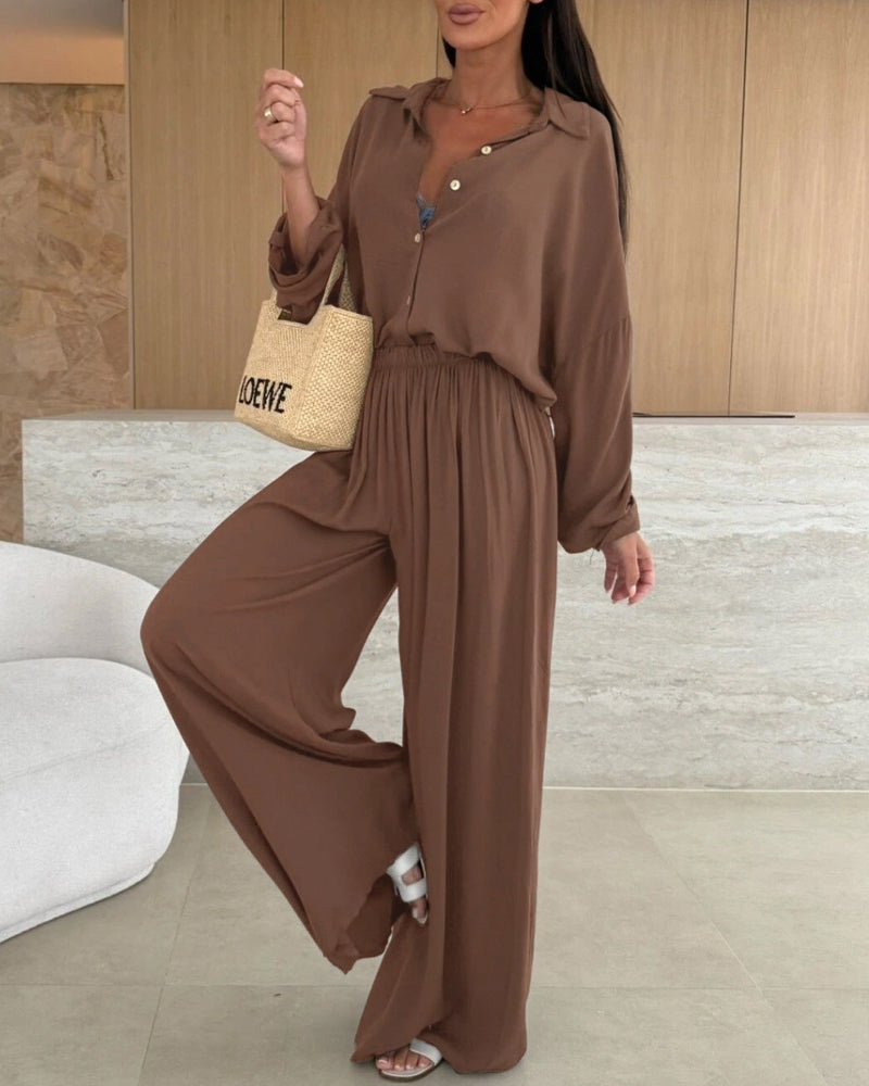 Women's 2 Piece Lounge Set Loose Roll Up Sleeve Button Down Shirt and High Waisted Wide Leg Pants Casual Outfits
