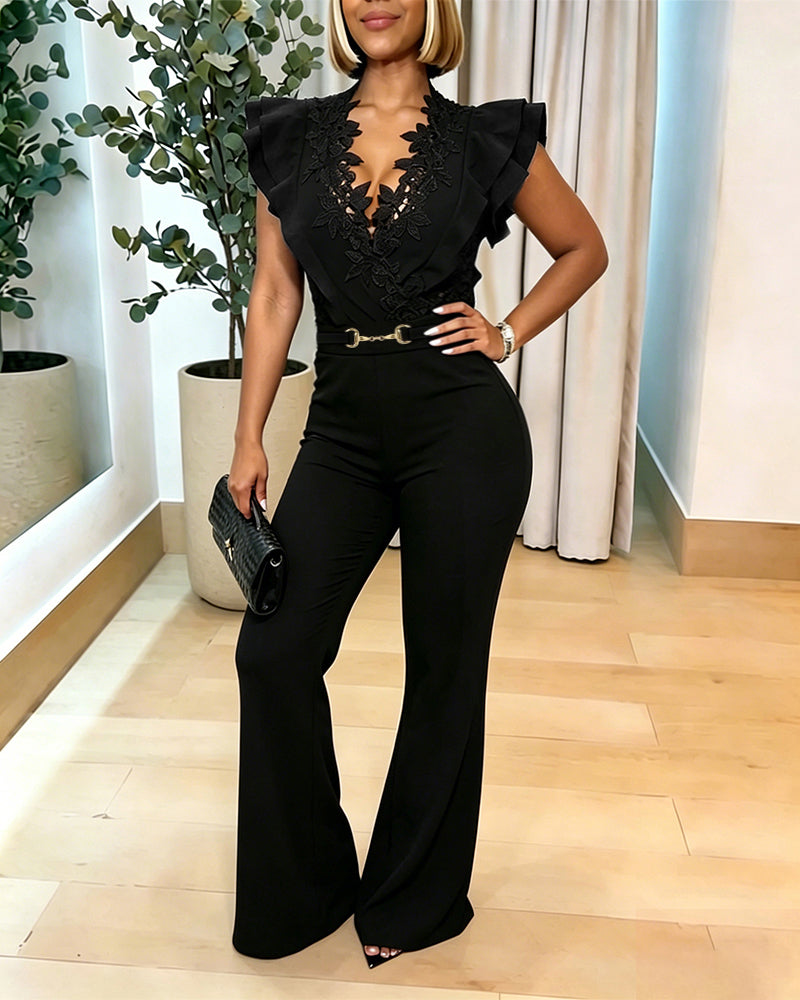 Women's Lace V Neck Jumpsuit Sleeveless Ruffle Overalls High Waisted Tie Waist Flare Leg Jumpsuit with Pockets