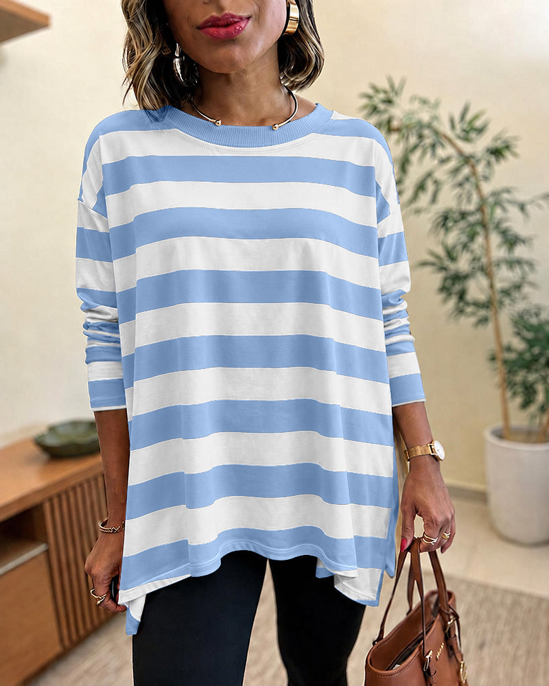 Women's Striped T Shirt Long Sleeve Drop Shoulder Crewneck Tee Side Slit Casual Loose Fit Top