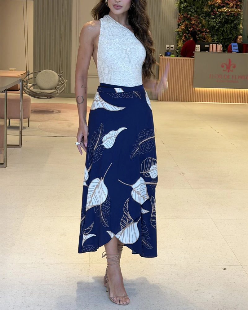 Leaves Print High Waist Wrap Lace-Up Skirt Casual Asymmetrical Hem Skirt