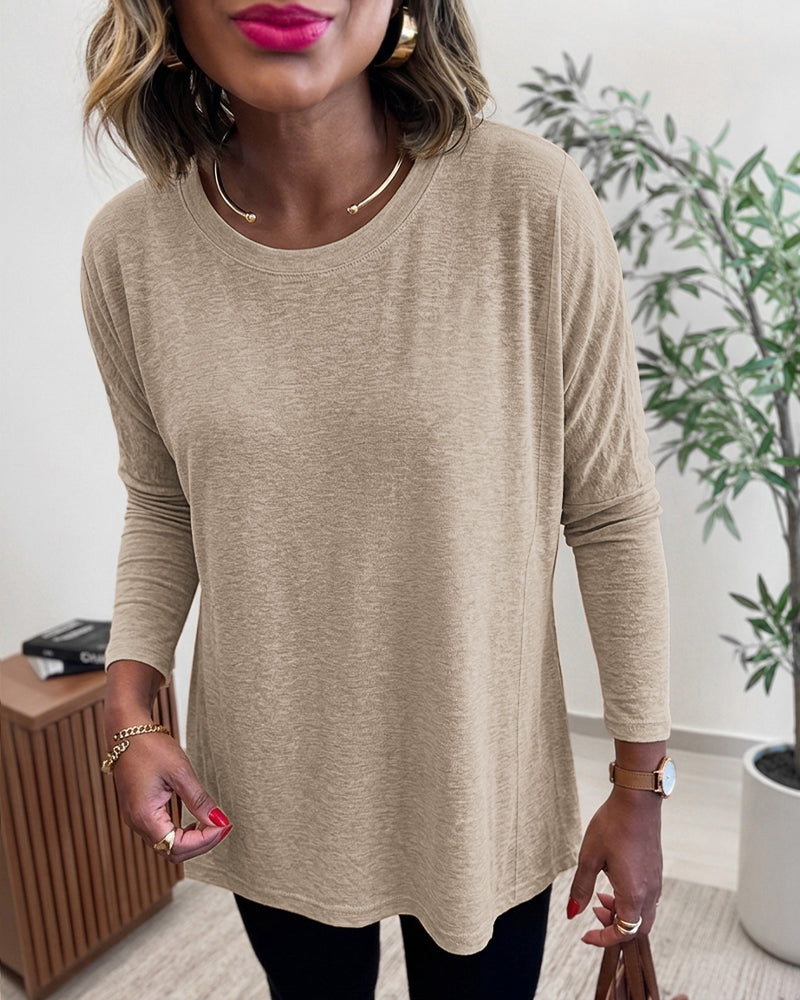 Women's Asymmetric Hem Long Sleeve Top Loose Fit Dropped Shoulder Crewneck Soft Slouchy Casual Tee