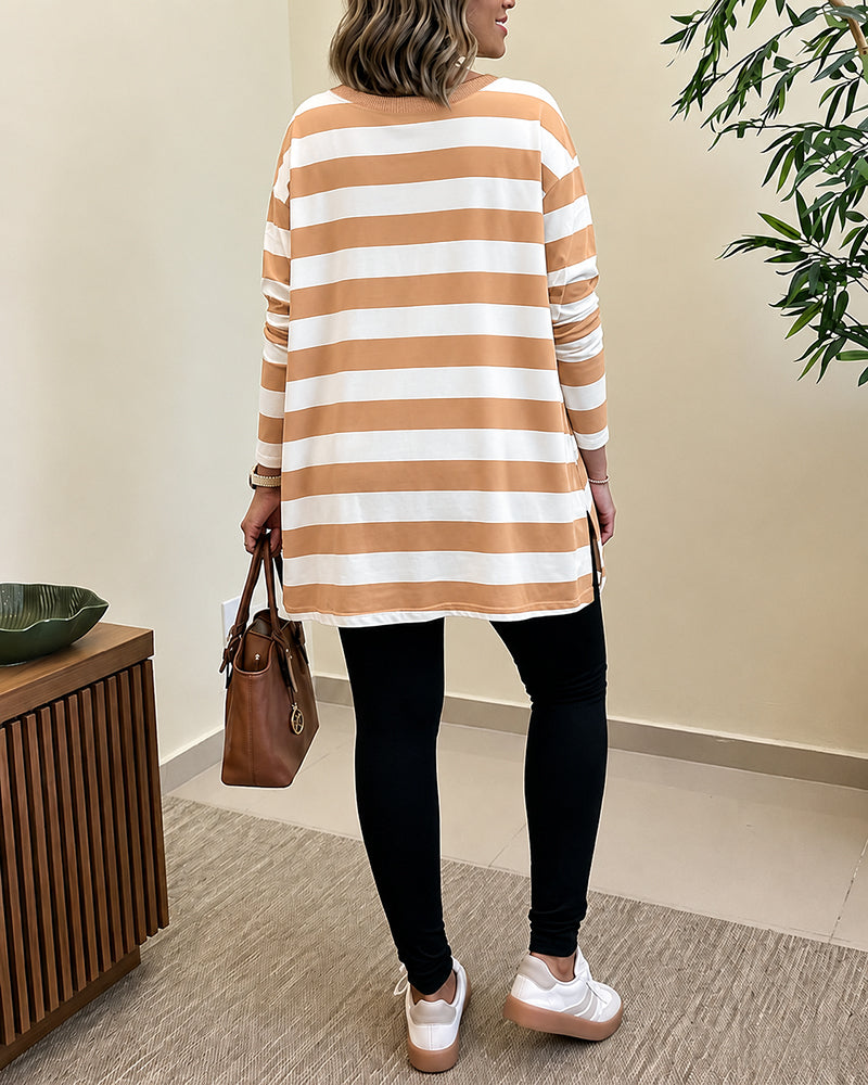 Women's Striped T Shirt Long Sleeve Drop Shoulder Crewneck Tee Side Slit Casual Loose Fit Top