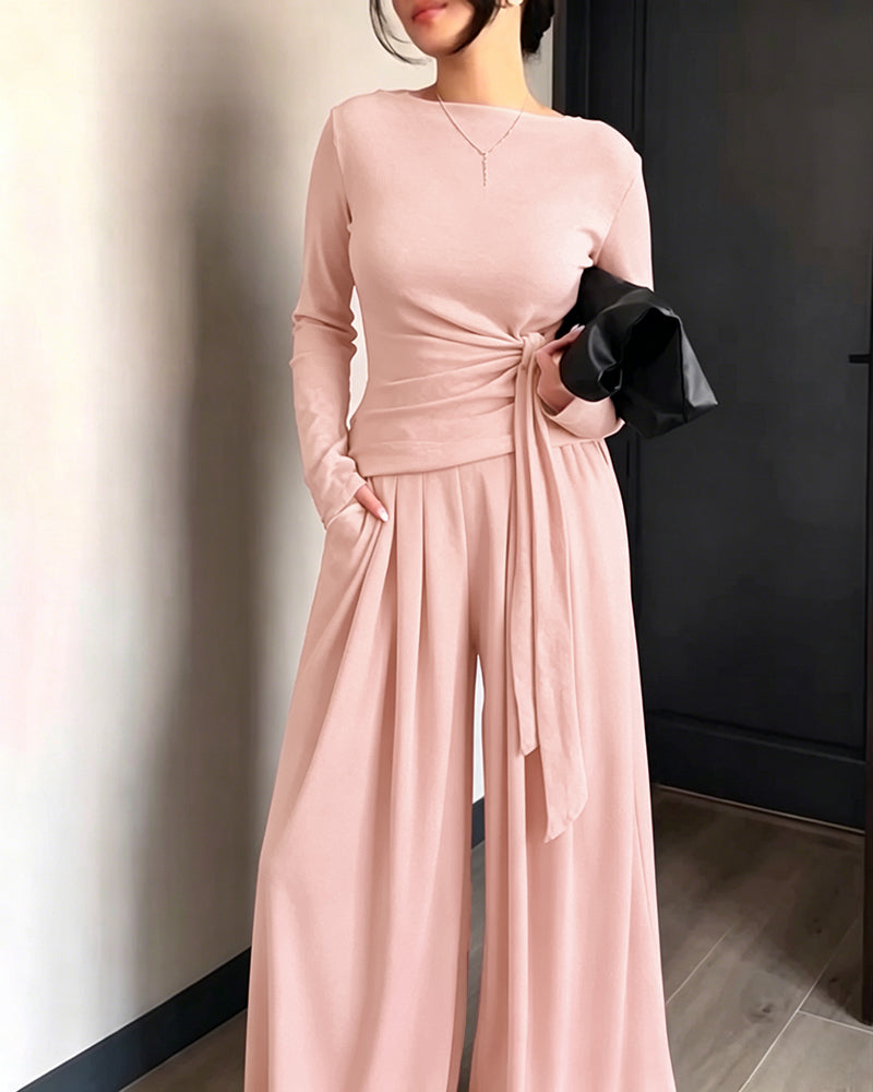 CHICME ESSENCE Women's 2 Piece Knit Lounge Set Long Sleeve Tie Waist Top and High Waisted Wide Leg Pants Casual Soft Sweatsuit with Pockets