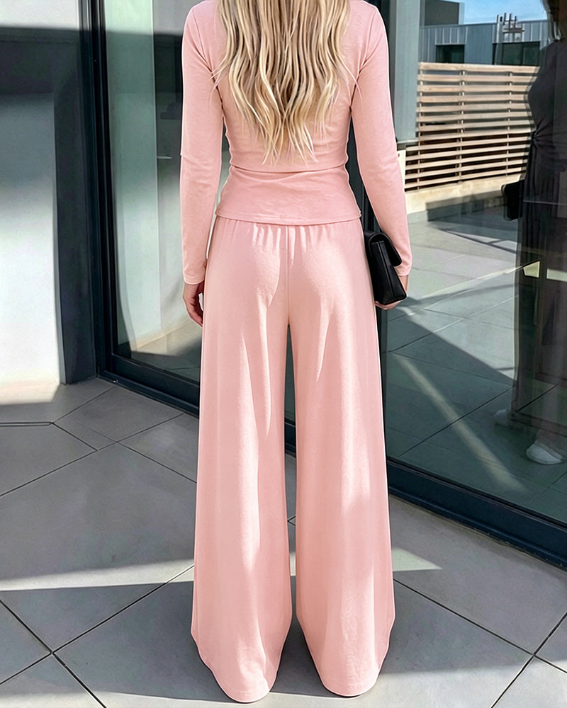 CHICME ESSENCE Women's 2 Piece Knit Lounge Set Long Sleeve Tie Waist Top and High Waisted Wide Leg Pants Casual Soft Sweatsuit with Pockets