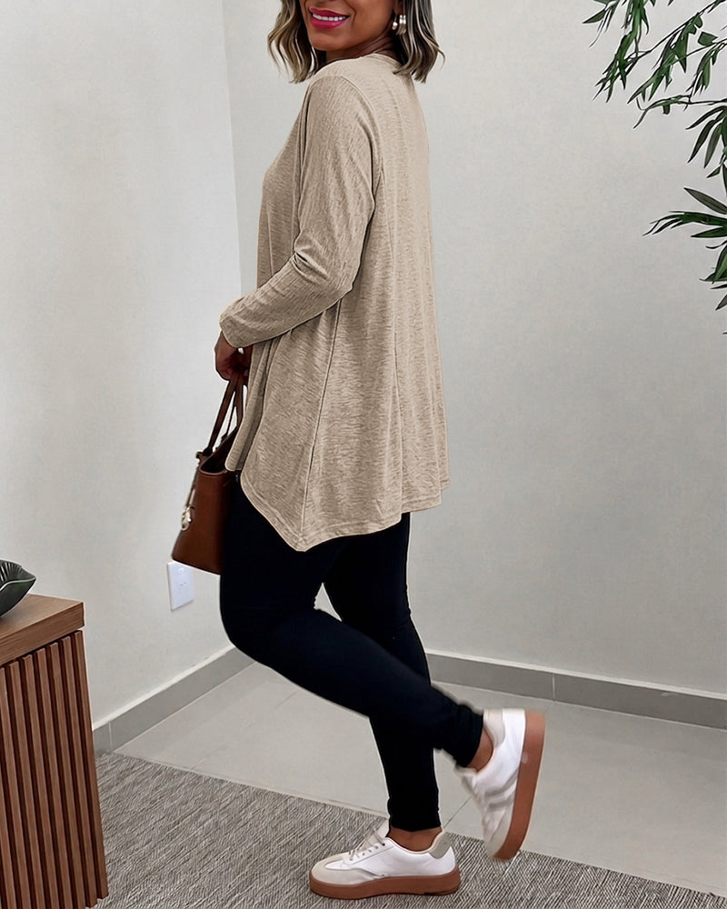 Women's Asymmetric Hem Long Sleeve Top Loose Fit Dropped Shoulder Crewneck Soft Slouchy Casual Tee