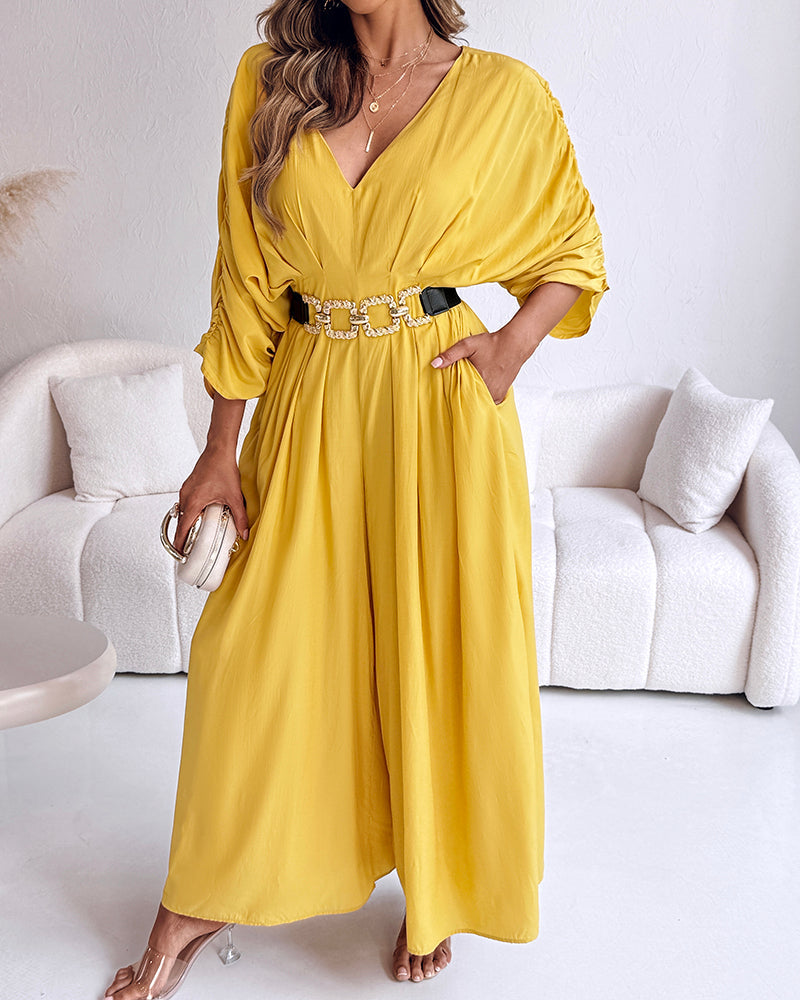 Deep V-Neck Ruched Three Quarters Sleeve Backless Overalls Casual Waist-Gathered Tied Detail Jumpsuit without Belt