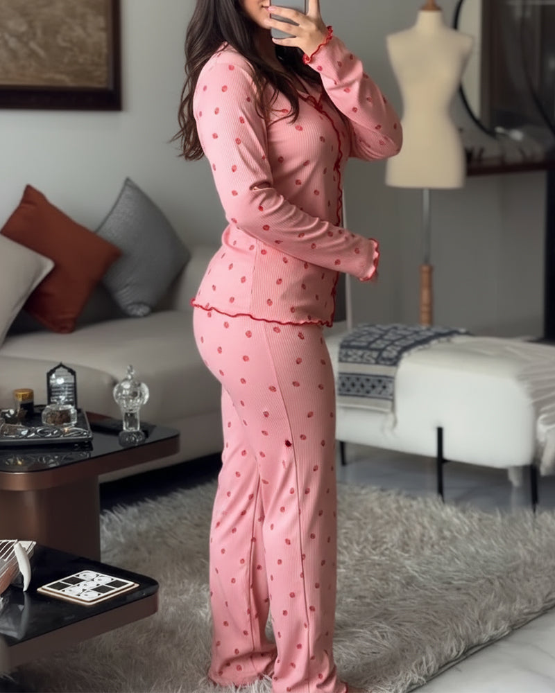 CHICME ESSENCE 2 Pieces Outfit Bowknot Decor Turn-down Collar V-Neck Top and Elastic Waist Slit Hem Pants Set Casual Strawberry Print Frill Trim Ribbed Pajamas Set