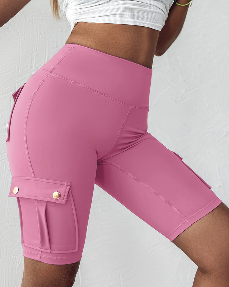 Tummy Control Butt Lifting Active Shorts High Waist Flap Pocket Workout Bermuda Cargo Running Shorts