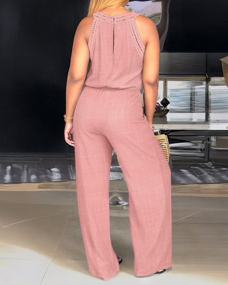 Women's Halter Jumpsuit Lace Trim Backless Overalls Tied Detail Wide Leg Jumpsuit with Pockets