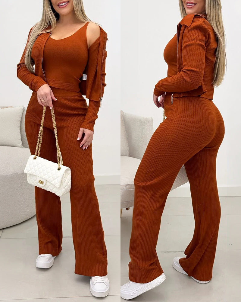 Women's Three Piece Knit Outfit Collared Two Way Zipper Coat and V Neck Tank Top and Bootcut Pants Ribbed Set