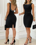 Pearls Decor Sleeveless Backless Slit Back Party Dress Zipper Back Bodycon Dress With Belt
