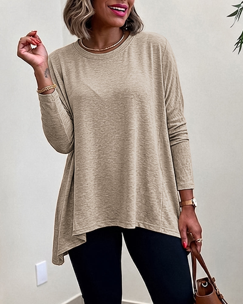 Women's Asymmetric Hem Long Sleeve Top Loose Fit Dropped Shoulder Crewneck Soft Slouchy Casual Tee