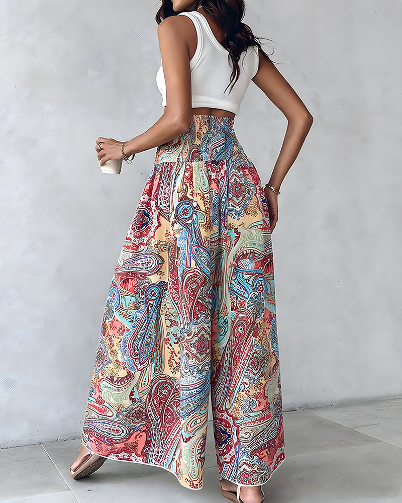 CHICME Women's Vintage Print Wide Leg Pants High Waisted Shirred Waist A-Line Trousers Flowy Boho Vacation Palazzo Pants