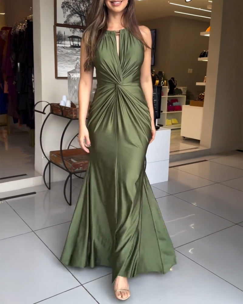 Women's Halter Tie Satin Maxi Dress Twist Front Cutout Backless Mermaid Cockail Dress Ruched Evening Party Dress