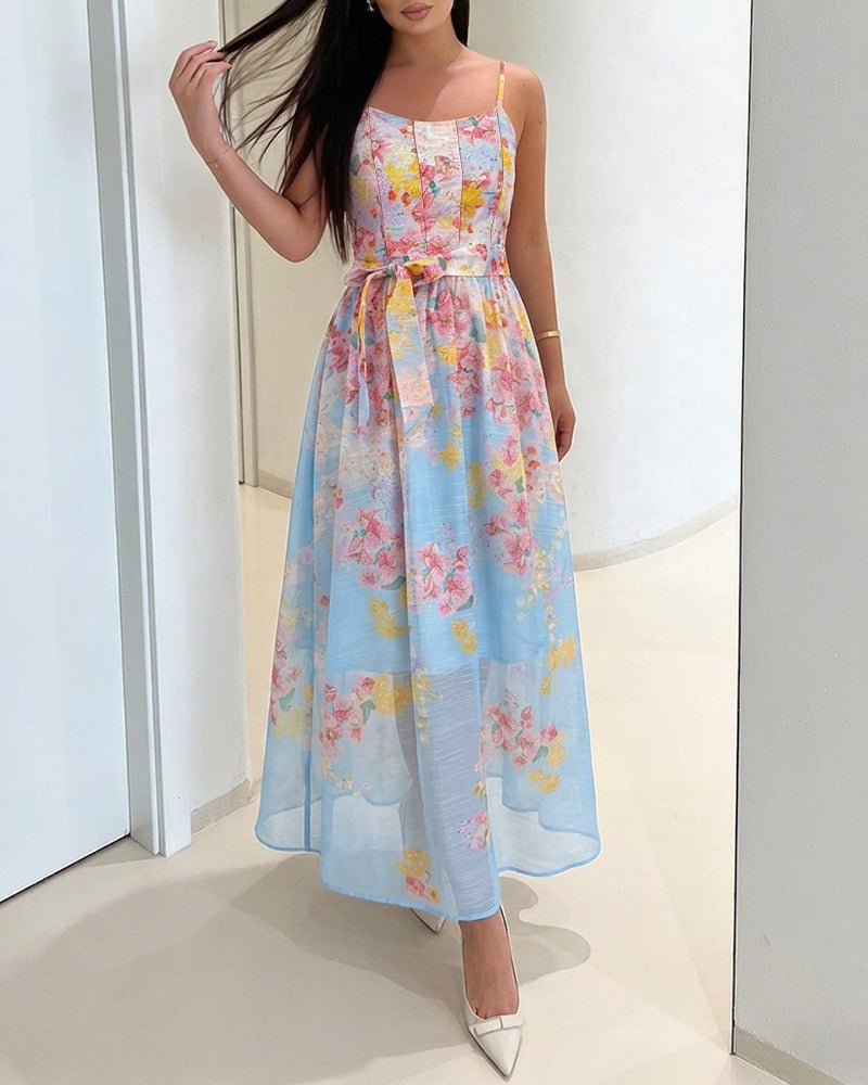 CHICME Women's Watercolor Floral Cami Dress Adjustable Straps High Waist A-Line Maxi Dress with Matching Belt