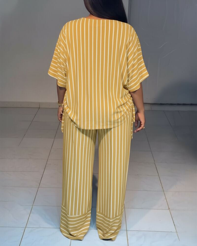 Women's Striped 2 Piece Outfits V Neck Short Sleeve Drawstring Top and Wide Leg Pants Set with Pockets