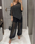 Women's 3 Piece Outfits Polka Dot Skew Neck Cape Top and Sheer Lantern Pants Set with Camisole Liner Party Clubwear