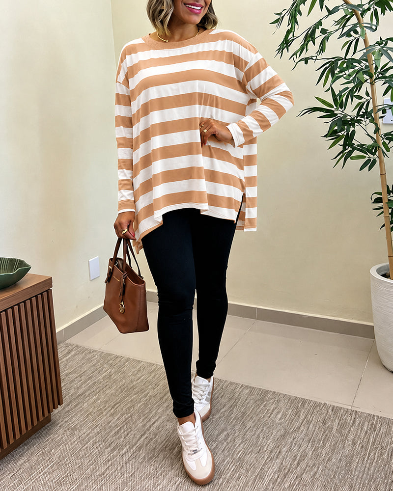 Women's Striped T Shirt Long Sleeve Drop Shoulder Crewneck Tee Side Slit Casual Loose Fit Top