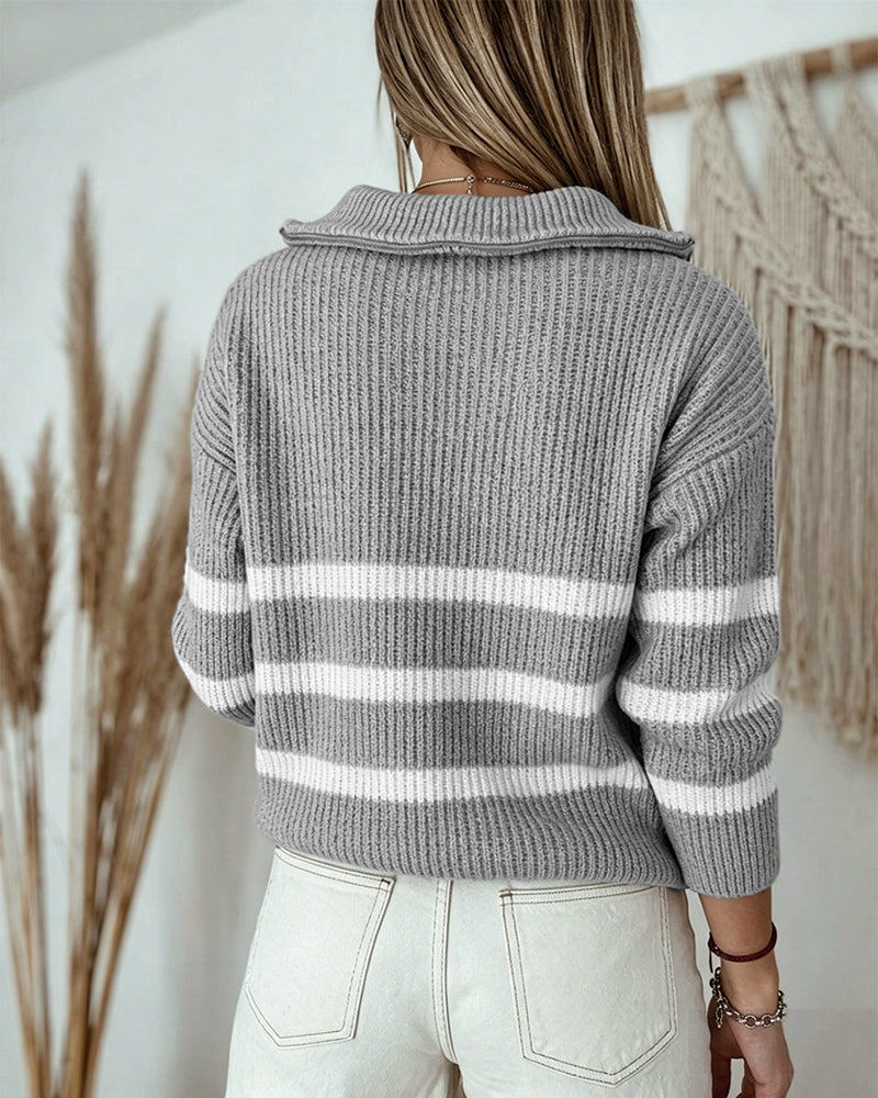 Women's Half Zip Striped Sweater Colorblock Turn-down Collar Knit Pullover Drop Shoulder Loose Fit Top