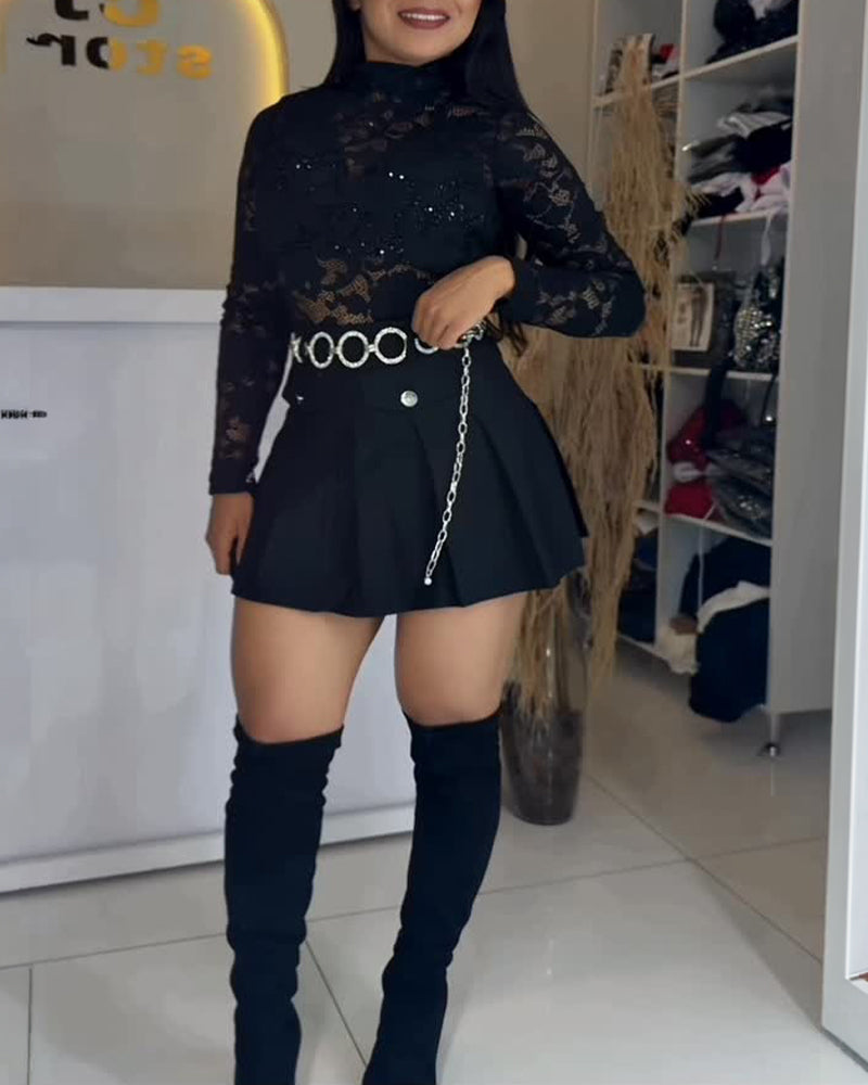 Women's High Waisted Pleated A Line Mini Skorts with Rhinestone Chain Belt