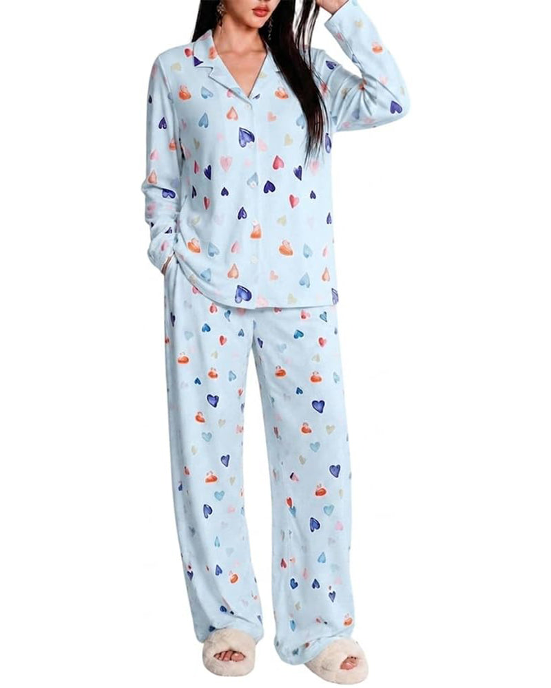 CHICME ESSENCE Women's Colorful Heart Print 2 Piece Pajama Set Long Sleeve Button Down Top and High Waisted Pants Casual Lounge Sets