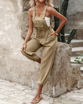 Women's Cotton Linen Jumpsuit Cargo Utility Overalls Adjustable Straps Drawstring Suspender Jumpsuit