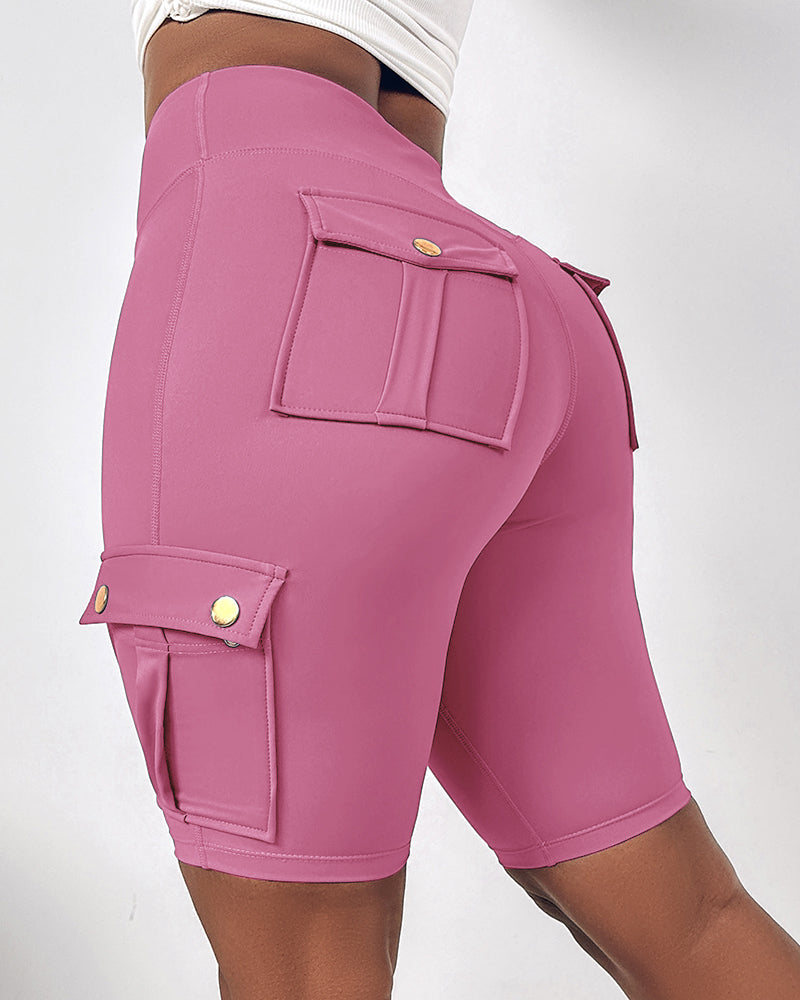 Tummy Control Butt Lifting Active Shorts High Waist Flap Pocket Workout Bermuda Cargo Running Shorts