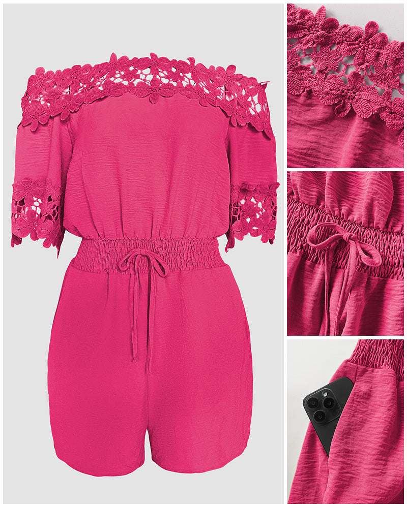 Women's Lace Off Shoulder Romper Shirred Waist Tied Detail Textured Short Jumpsuit with Pockets