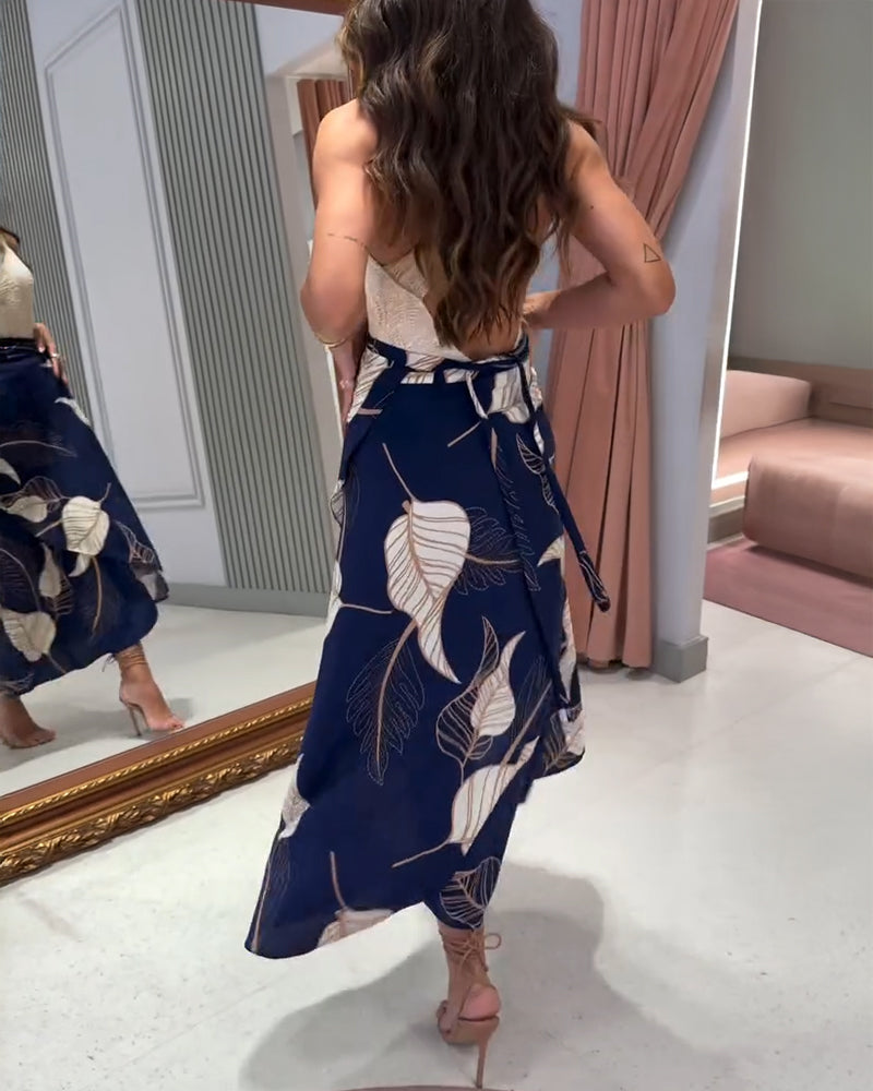 Leaves Print High Waist Wrap Lace-Up Skirt Casual Asymmetrical Hem Skirt