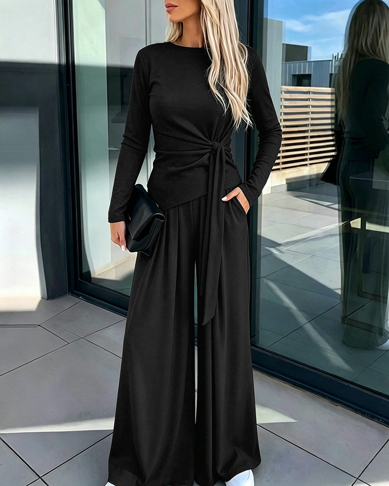 CHICME ESSENCE Women's 2 Piece Knit Lounge Set Long Sleeve Tie Waist Top and High Waisted Wide Leg Pants Casual Soft Sweatsuit with Pockets