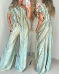 Colorblock Abstract Print One Shoulder Short Sleeve Zipper Side Overalls Casual Asymmetrical Wrap Design Wide Leg Jumpsuit