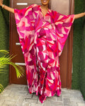 Women's Colorblock Geometric Print 2 Piece Set Batwing Sleeve V Neck Slit Longline Kaftan Top and Wide Leg Pants Set