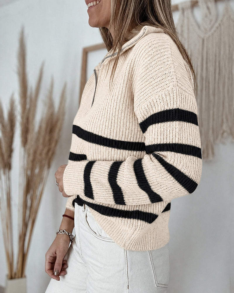 Women's Half Zip Striped Sweater Colorblock Turn-down Collar Knit Pullover Drop Shoulder Loose Fit Top