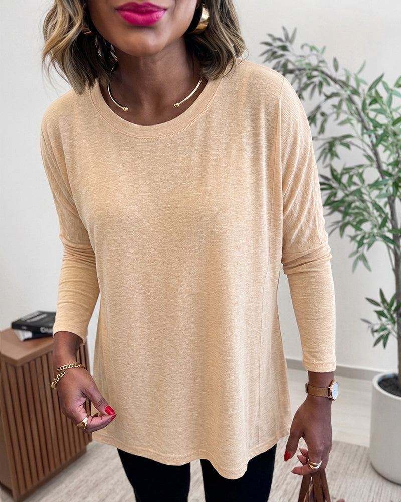Women's Asymmetric Hem Long Sleeve Top Loose Fit Dropped Shoulder Crewneck Soft Slouchy Casual Tee