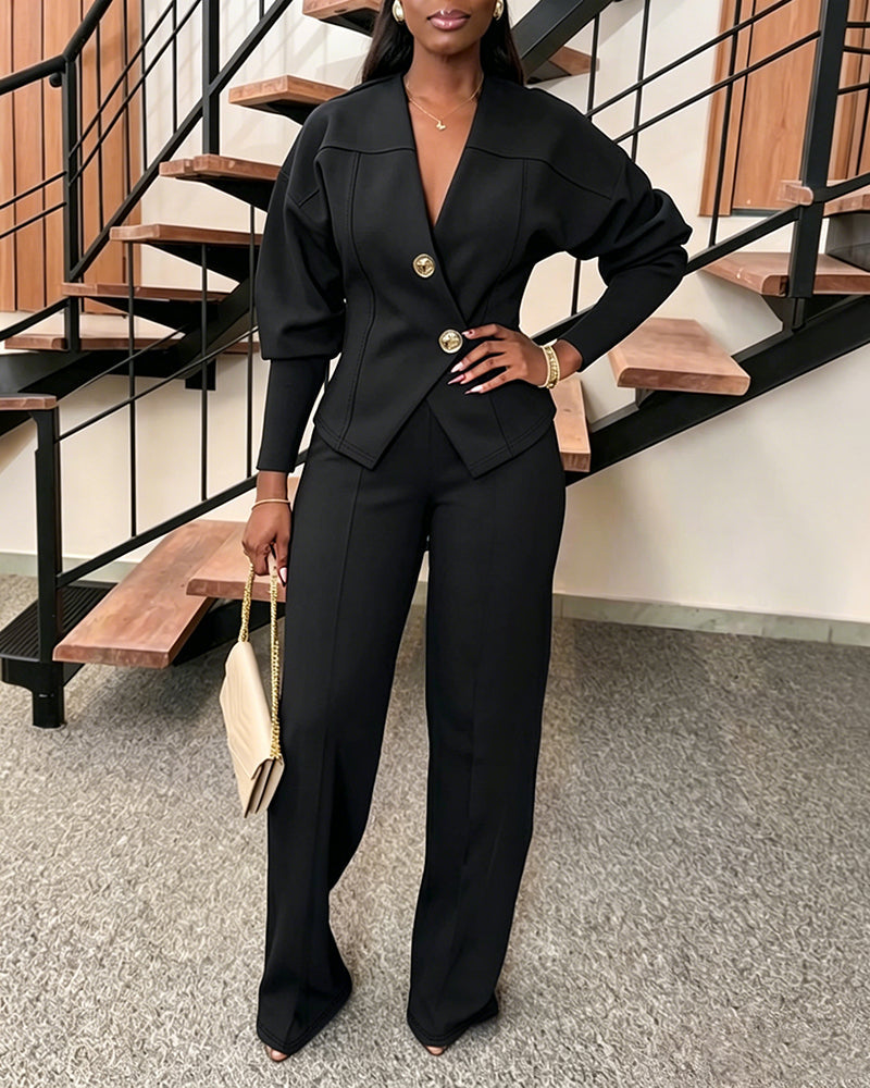 Women's 2 Piece Set V-Neck Cinched Waist Gigot Sleeve Top and High Waist Wide Leg Pants Elegant Set