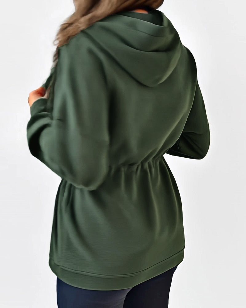 Long Sleeve Waist Drawstring Hooded Coat Casual Loose Fit Cardigan Jacket with Pockets