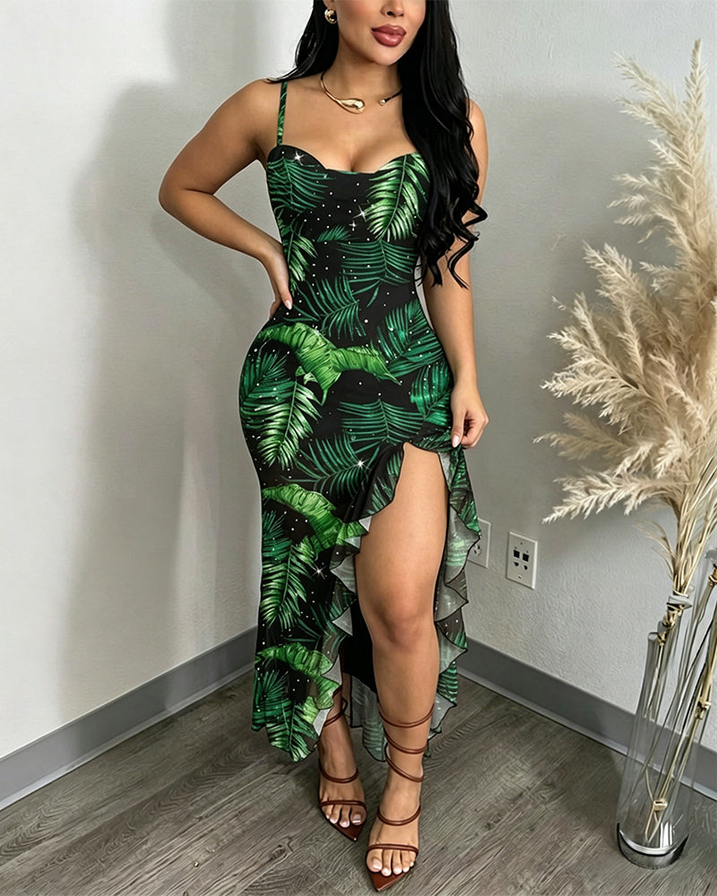 Women's Tropical Plants Cami Midi Dress Casual Rhinestone Mesh Vacation Dress Slit Ruffle Hem Sundress