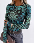Women's Vintage Print Long Sleeve Top Slim Fit Crewneck Tee Retro Stretchy Base Layer Shirt with Thumb Holes