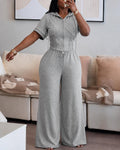 Women's Rhinestone Sweatshirt Set Short Sleeve Hooded Two-Way Zipper Front Crop Top and Wide Leg Sweatpants Set