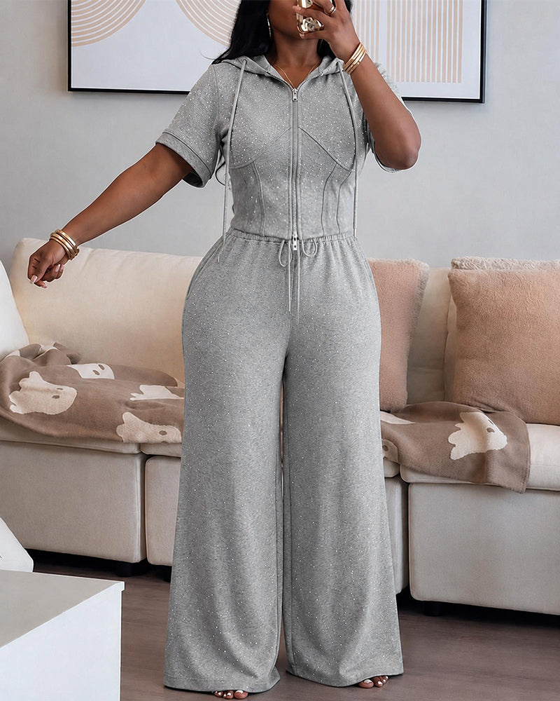 Women's Rhinestone Sweatshirt Set Short Sleeve Hooded Two-Way Zipper Front Crop Top and Wide Leg Sweatpants Set