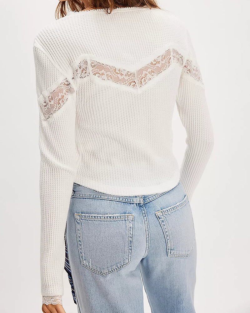 Women's French Style Waffle Knit Cardigan Square Neck Lace Patchwork Top Long Sleeve Button Front Slim Fit Blouse