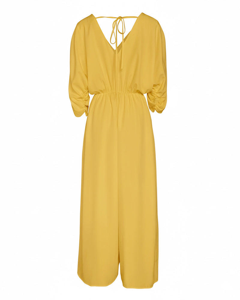 Deep V-Neck Ruched Three Quarters Sleeve Backless Overalls Casual Waist-Gathered Tied Detail Jumpsuit without Belt