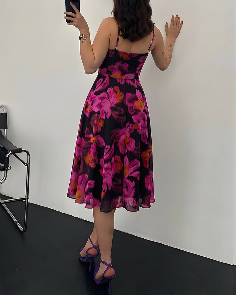 Women's Floral Print Cami Midi Dress Sexy Ruched Mesh A Line Sundress Elegant Spaghetti Strap Party Dress